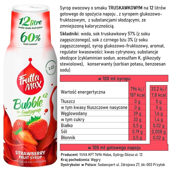 Syrop FruttaMax TRUSKAWKA 500 ml na 12 litrów